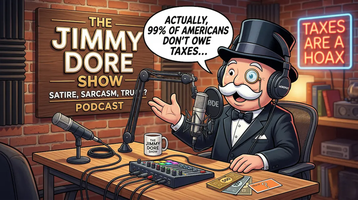 Cartoon Monopoly Man as a podcast guest parodying the Jimmy Dore Show, joking about 99% of Americans not owing federal income taxes